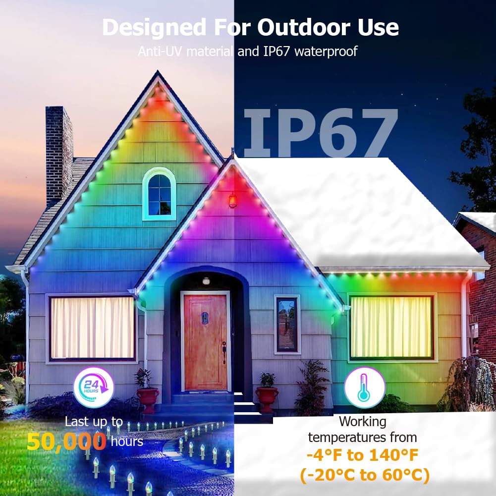 100ft Solar Permanent Outdoor Light, Smart RGB Plus IC Outside Lights for House, App/Remote Control String Light, Work with Alexa, IP67 Waterproof LED Strip for Daily Party Christmas All Holiday Decor