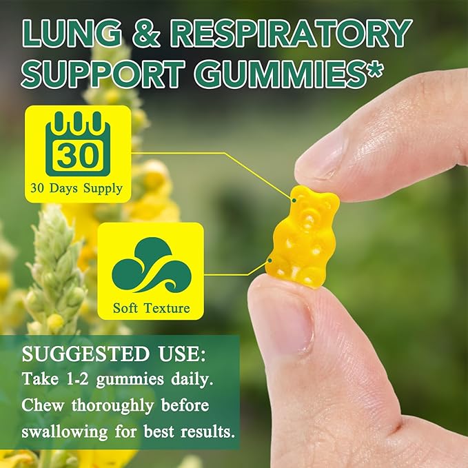 Mullein Gummies for Lung Detox,2000mg Mullein Leaf herb Extract for Lung Cleanse Support,Organic Mullein Herb Supplement for Daily Respiratory Health Gummies 60 Gummies