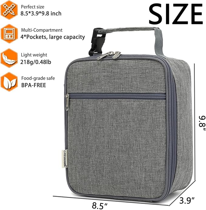 Lunch Box for Kids Boys Girls Men Women, Insulated Small Soft Cooler Lunch Bag Kit for School Work Picnic Travel - Reusable Portable lunchbox, Grey