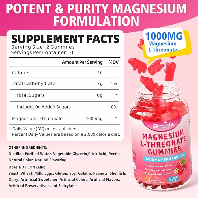 2 Pack Magnesium L-Threonate Gummies 1000MG, Magnesium Threonate Supplement for Kids & Adults, Muscle & Nervous System Support, Sugar-Free, Raspberry Flavor, 120 Count