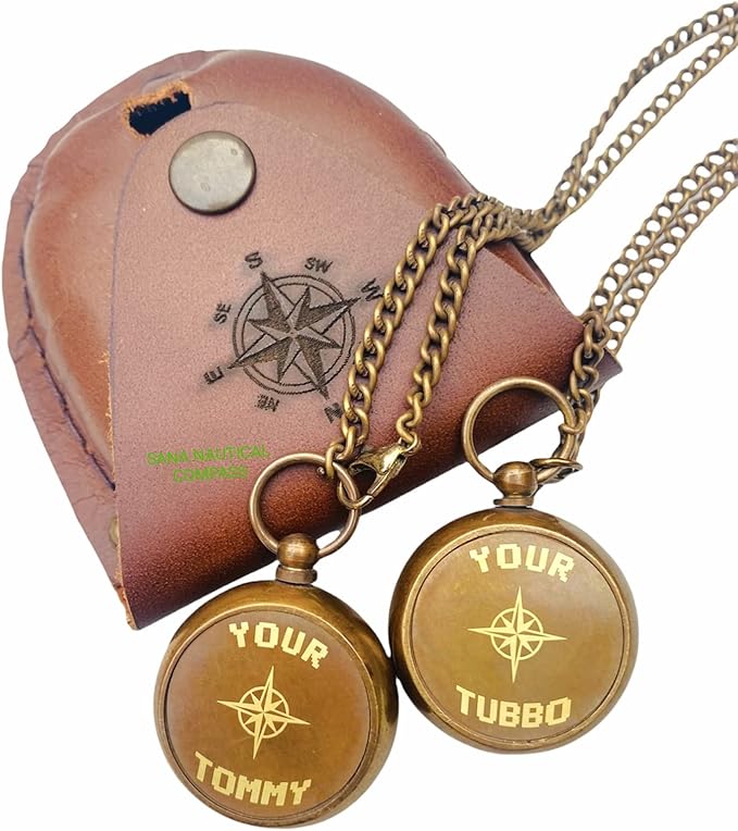 Antique Compass Your Tommy Your Tubbo Nautical Locket Compass Engraved Brass Compass with Leather Case Chain Compass (Both), Dark Brown