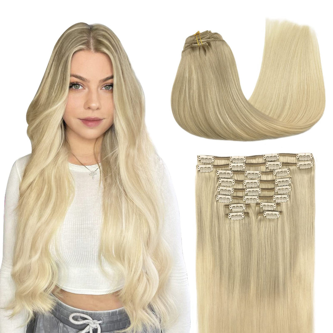 Maxita Hair Extensions Clip In Human Hair, 155G 10Pcs Balayage Ash Blonde To Golden Blonde And Platinum Blonde 16 Inch, Clip In