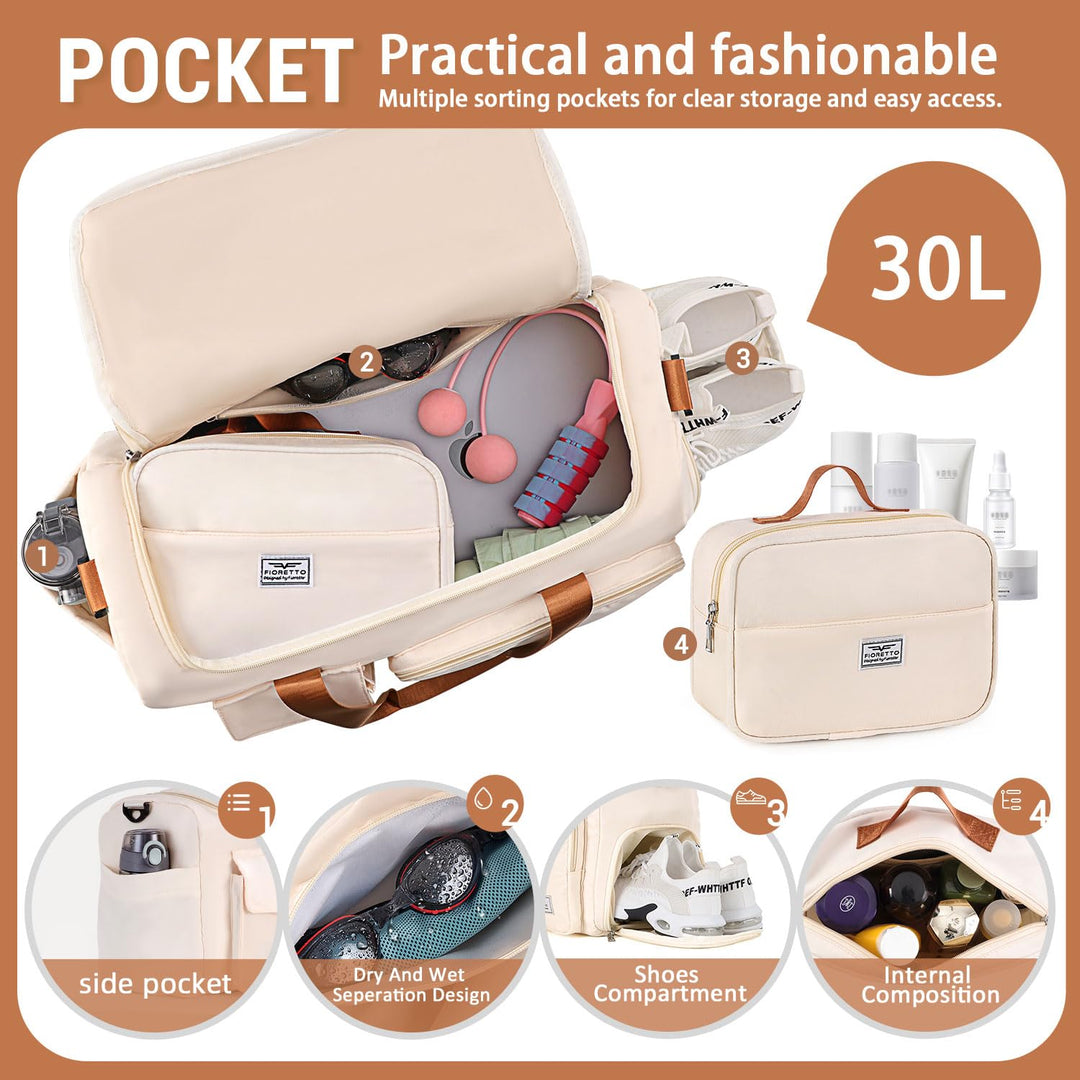 FIORETTO Women's Water-Resistant Gym Duffle Bag with Shoes Compartment, 37L Capacity, Multi-Functional, Ideal for Travel, Gym, Sports, Weekender, with Toiletry Bag, Beige