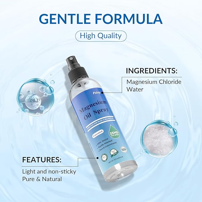 100% Pure Magnesium Oil Spray,8 fl oz,Less Itchy, Topical Magnesium Oil for Feet, Magnesium Chloride from Ancient Zechstein Seabed, Without Scented