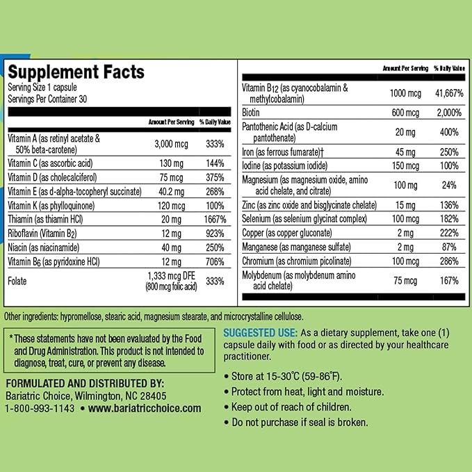 Bariatric Choice Once-Daily Bariatric Multivitamin with 45 mg of Iron | Easy to Swallow Capsule | Vitamin for Bariatric Surgery Patients | 30 Count (1-Month Supply)