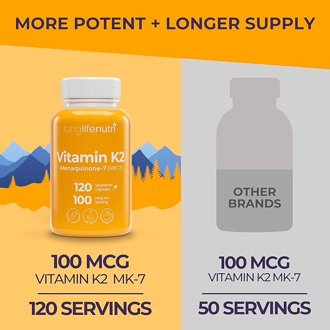 Vitamin K2 MK-7 100mcg – Nutrient Support for Bones and Circulation, 120 Vegetarian Capsules, 4-Month Supply, Lab Tested, Made in The USA, Non-GMO