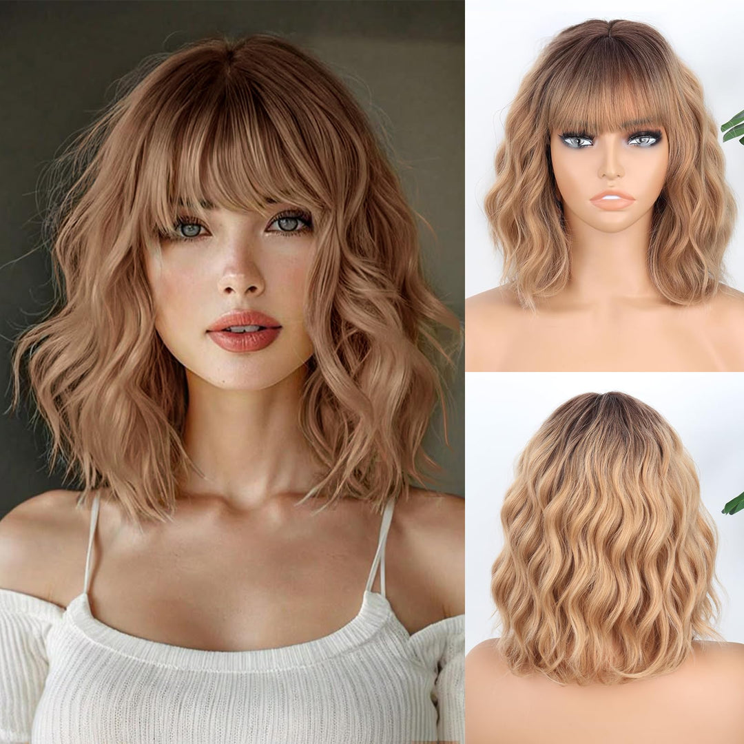 MISSQUEEN Short Blonde Wig with Bangs Synthetic Curly Wavy Ombre Blonde Wigs for Women Bob Wavy Wig Daily Use