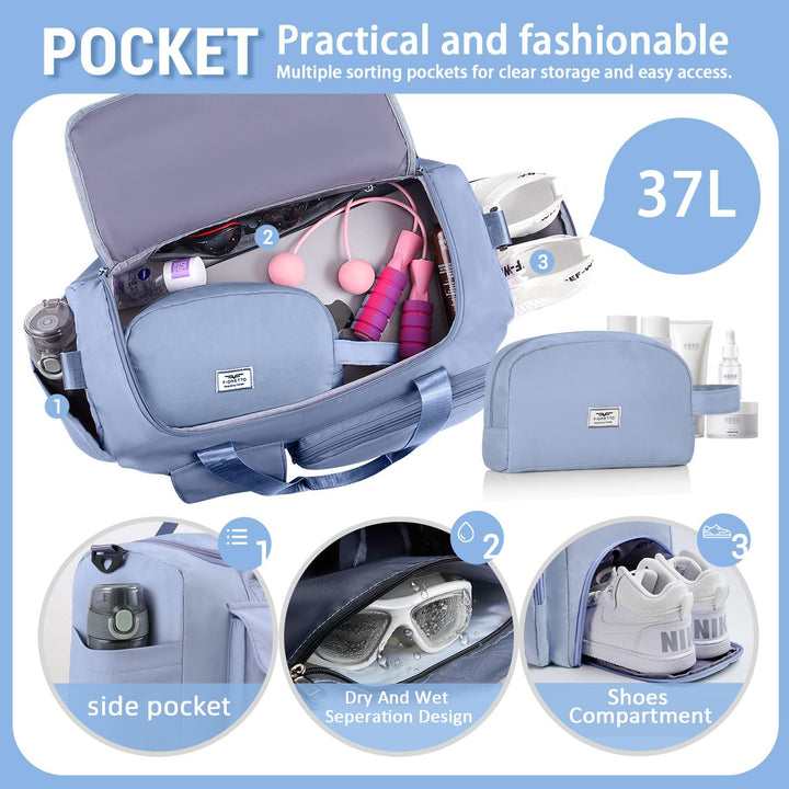 FIORETTO Women's Water-Resistant Gym Duffle Bag with Shoes Compartment, 37L Capacity, Multi-Functional, Ideal for Travel, Gym, Sports, Weekender, with Toiletry Bag, Blue