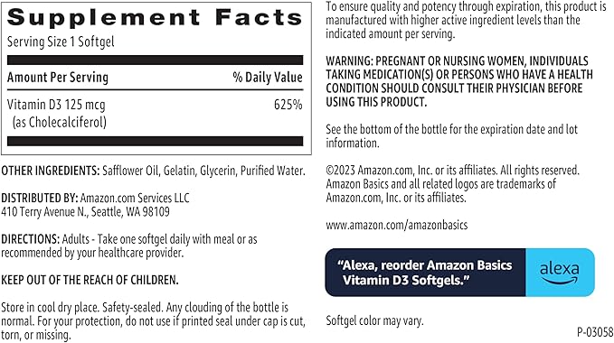 Amazon Basics - Vitamin D3, 125 mcg, 60 Softgels (1 per serving), Gluten Free