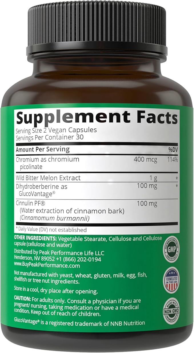 Ultra High Strength 4-In-1 Super Berberine Patented GlucoVantage® + Wild Bitter Melon + Cinnamon Extract + Chromium Picolinate Vegan Capsules. Great Supplement to Support After-Meal Spikes and Energy