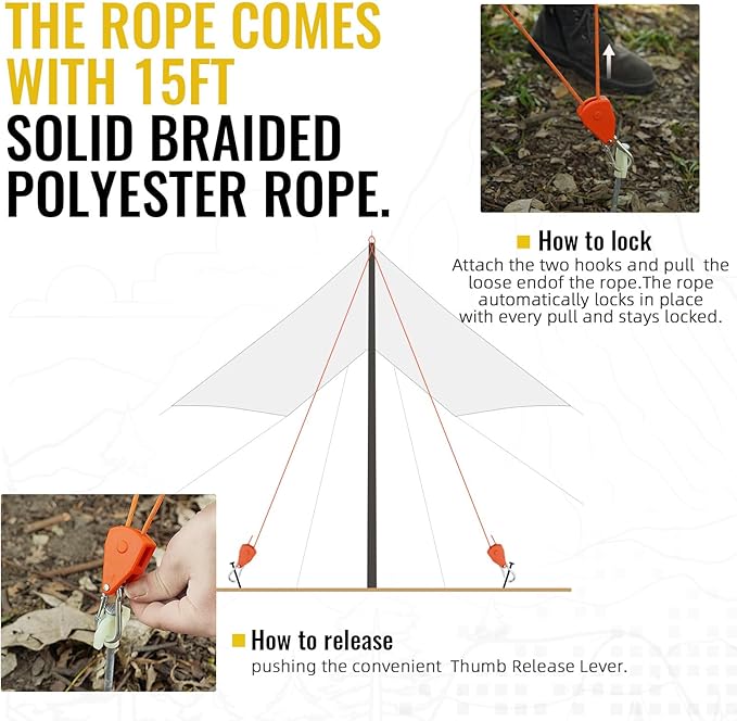 2pcs 15ft Ratchet Tie Down Rope Canopy Tent Tie Downs Strap Retractable Hanger with Hooks Reinforced Metal Gear for Camping Essentials 5/32"…