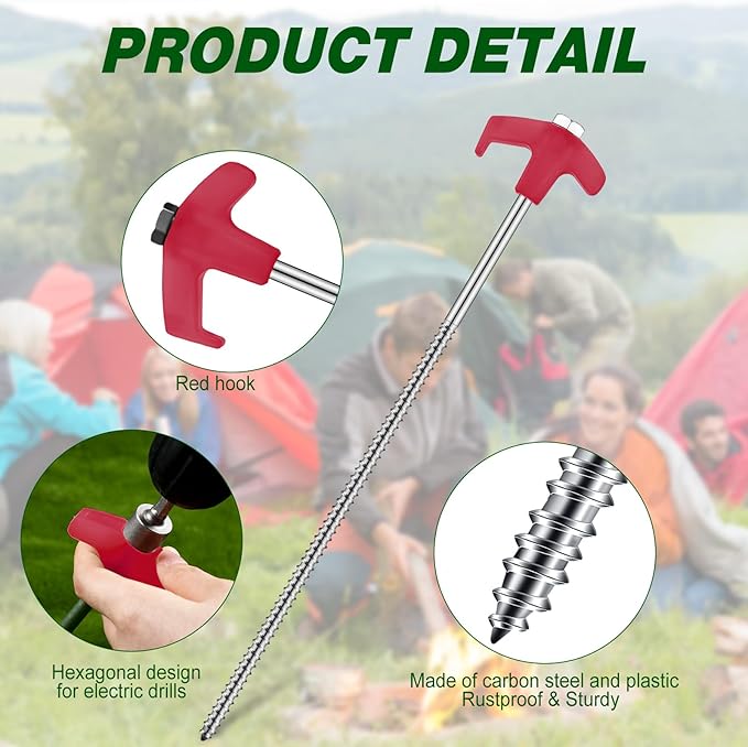 Hicarer 12 Inch Tent Stakes Screw in Camping Stakes Heavy Duty Metal Stake Ground Anchor Peg Threaded Tent Spikes with Hex Head Driver for Camping Garden Inflatable