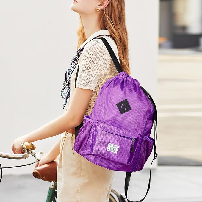 ALUSBELL Large Drawstring Backpack Bag, Sports Gym Bag String Sackpack with Shoes Compartment, Waterproof String Bag Cinch for Women Men(Purple)
