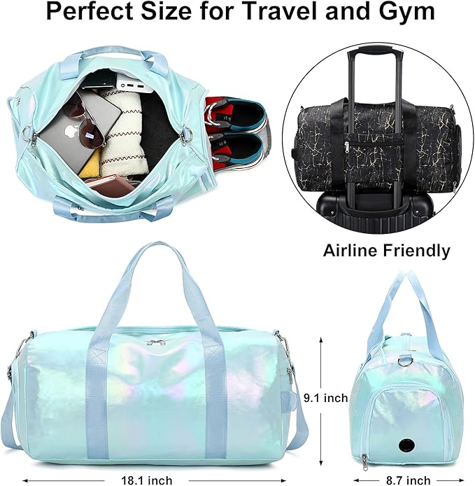 Gym Bag Sports Duffle Bag with Wet Pocket Weekender Overnight Bag with Waterproof Shoe Pouch and Air Hole for Girls Kids Women Travel Foldable Bag (Green)