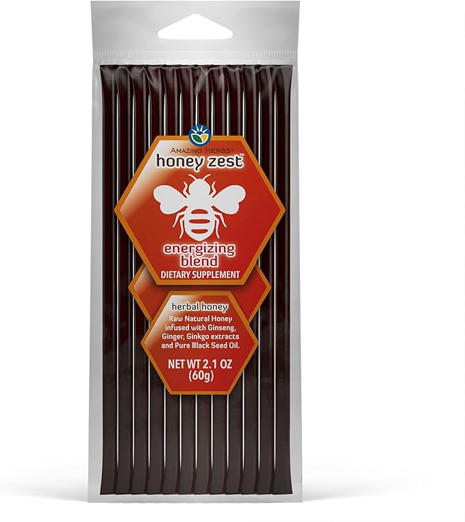Amazing Herbs Raw Natural Honey - Herbal Honey Infused with Ginseng, Ginger, Ginkgo Extracts & Pure Black Seed Oil, Non GMO, Gluten Free Immune Booster - Honeyzest Energizing Straws, 12 Count