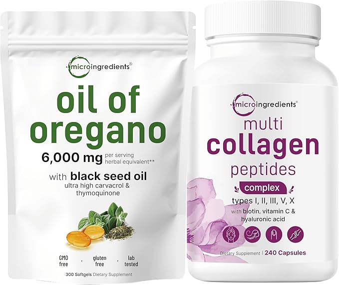Micro Ingredients Oil of Oregano Softgels 6,000mg Per Serving & Multi Collagen Complex Bundle Pack | 4X Strength Carvacrol & Thymoquinon | Grass-Fed Collagen Peptides