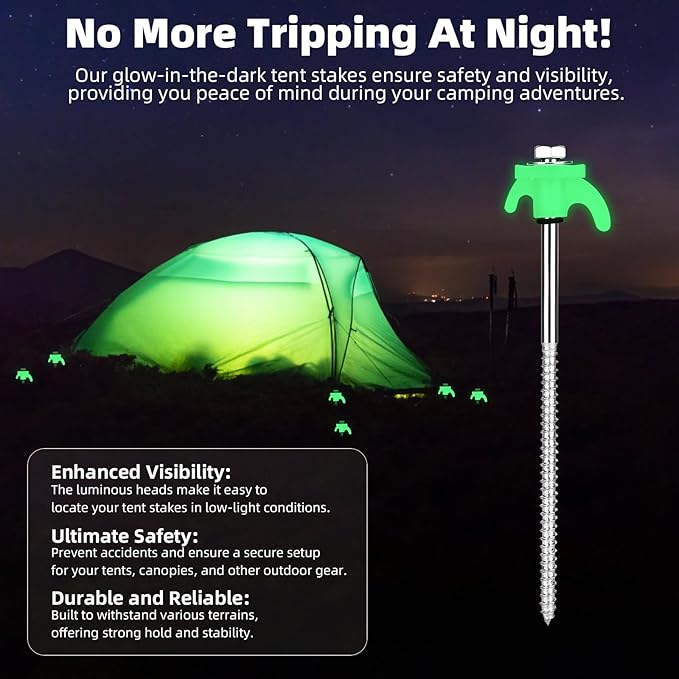 20 Pack Tent Stakes Heavy Duty 8 Inch Ground Anchor Screw Camping Stakes with Luminous Head Metal Threaded Tent Pegs, Includes Hex Head Driver and Storage Box