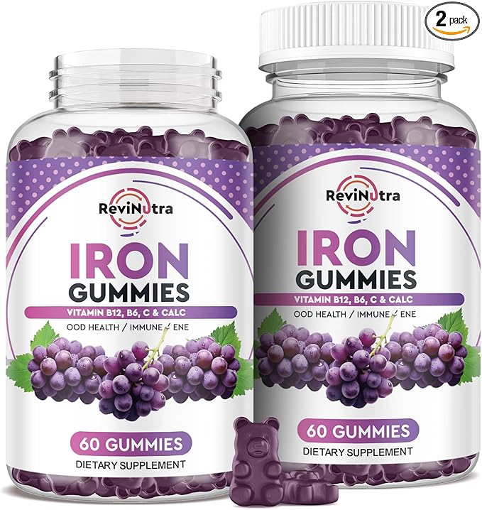 Iron Gummies - with Calcium, Zinc, Folate & Vitamin B12, C, B6 for Adults & Kids - Blood Builder & Energy Support for Iron Deficiency, Anemia, Vegan - 2 Pack Grape Flavour,60 Gummies