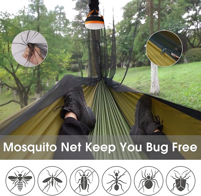 G4Free Large Camping Hammock with Mosquito Net 2 Person Pop-up Parachute Lightweight Hanging Hammocks Tree Straps Swing Bed for Outdoor Backpacking Backyard Hiking