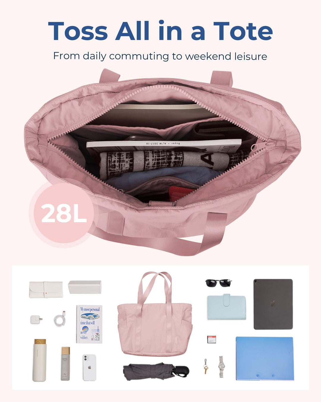 BAGSMART Tote Bag for Women with Zipper, Gym Tote with Compartments, Laptop Work Tote Nurse Dance Yoga Bag for Sport, Travel