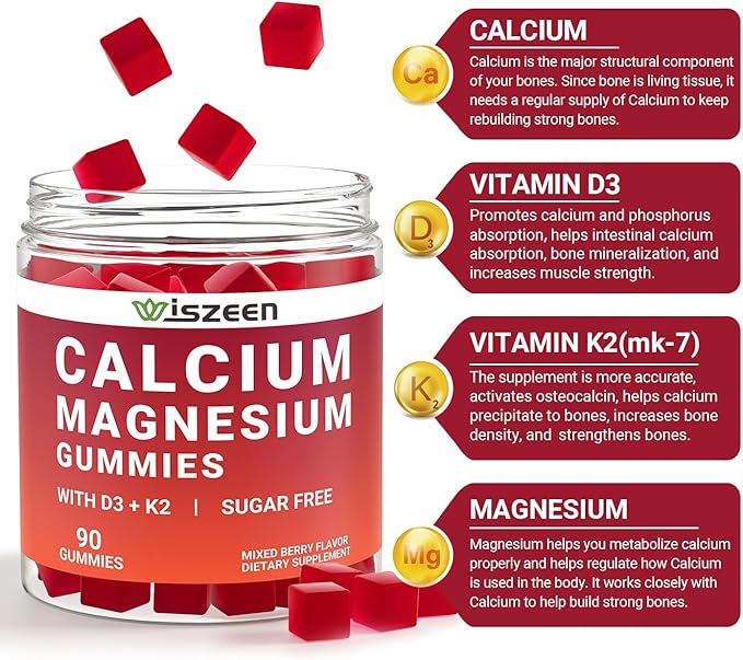 Calcium Gummies with Vitamin D3 K2, Vegan Calcium Magnesium Gummies for Women with Zinc, Manganese for Bone, Muscle & Immune, Calcium Supplement