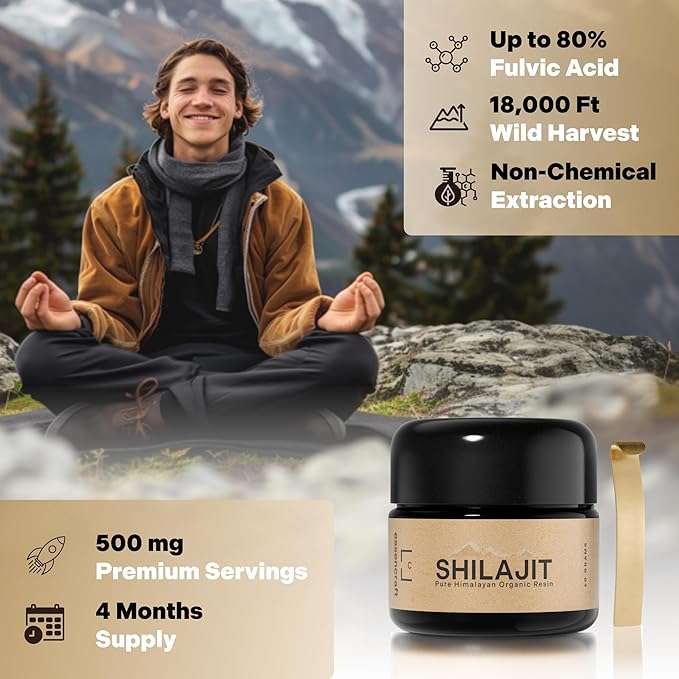 Organic Himalayan Shilajit Resin - 500mg Max Potency, Lab Tested Pure Shilajit for Men and Women, 85+ Trace Minerals Fulvic Acid, Immune Support, Energy & Cognitive Performance, 4 Month Supply, 60g