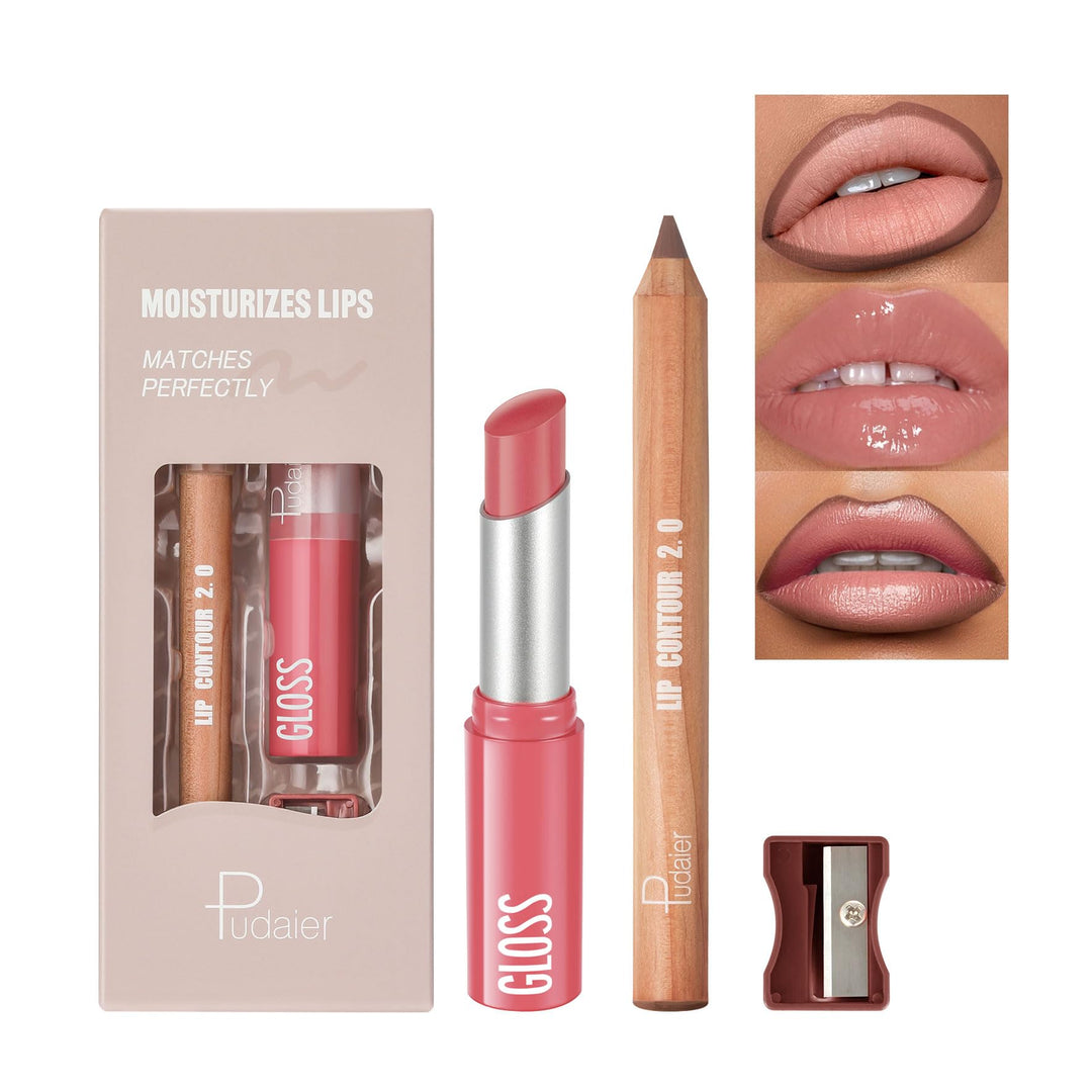 2Pcs Lip Liner and Lipstick Combo, Highly Pigmented Lip Liner and Lipstick Set for women, Long Lasting Matte Lip Pencil and Hydrating Lip Balm Lip Gloss Makeup Kits with Sharpener