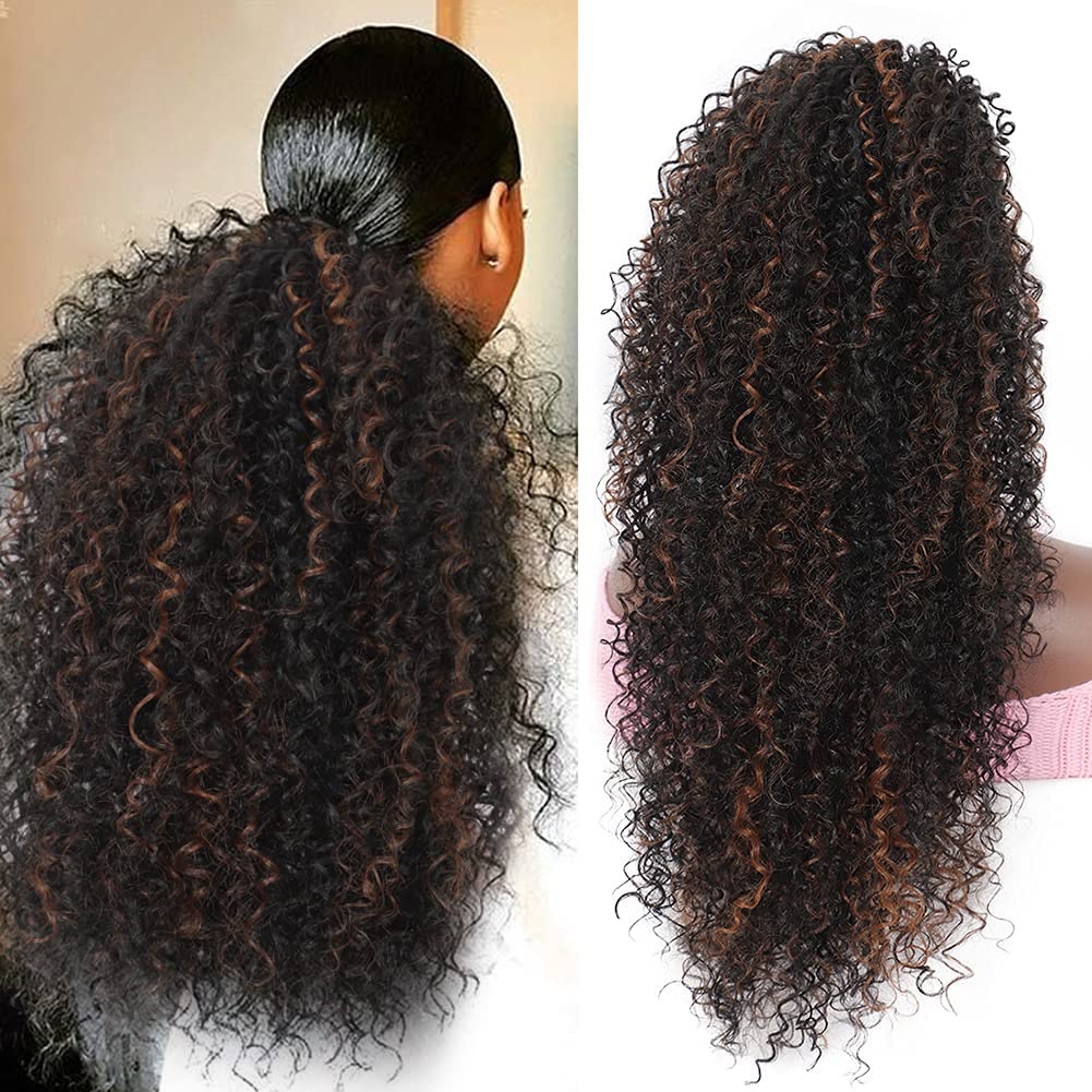 Youthfee 27” Drawstring Ponytail Deep Curly Heat Resistant Synthetic Instant Clip Ponytail Extension Protective Style Afro Kinky Curly Hair Pieces for Women