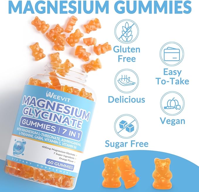 Sugar-Free Magnesium Glycinate Gummies 400mg with Magnesium L-Threonate 200mg, Magnesium Gummies for Women and Men with Ashwagandha, L-Theanine, GABA, Vitamin C, B6