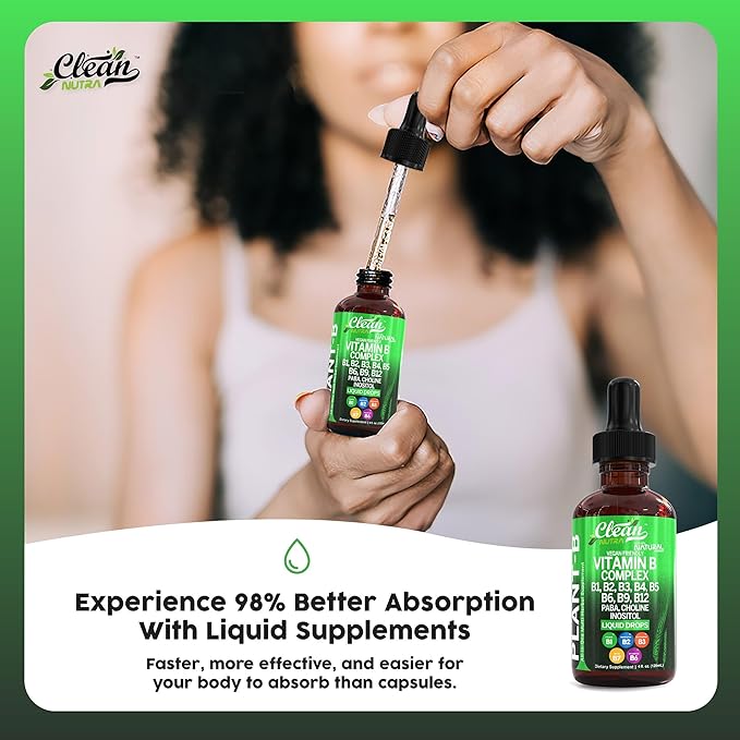 Vitamin B Complex Liquid Drops | Thiamine B1, B6, B2, B3, B4, B5, B7 B9, B12, Niacinamide, Paba, Choline Inositol Taurine Probiotics Beet Root Spirulina - Plant-B Vitamin Supplements by Clean Nutra