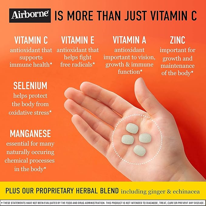 Airborne 1000mg Vitamin C + Zinc Immune Support Supplement Chewable Tablets, Very Berry & Citrus Flavor with Powerful Antioxidants Vitamins A C & E, 116 Chewable Tablets