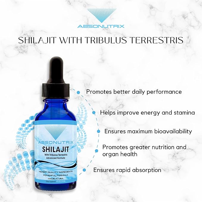 Absonutrix Shilajit with Tribulus Terrestris 390 mg, 4 Oz Liquid, 300 Servings, Made in USA, Quick Absorption, Quality Potent Ingredients, Non-GMO, GMP Certified Facility, Cruelty-Free Products