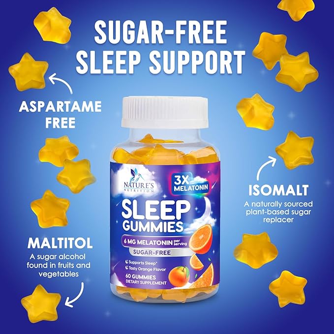 Melatonin Sleep Gummies Sugar Free - 6 mg Natural Melatonin Sleep Gummies for Adults, Extra Strength Sleep Gummy Supplements, Occasional Sleeping Support Supplement, Gomitas para Dormir - 60 Gummies
