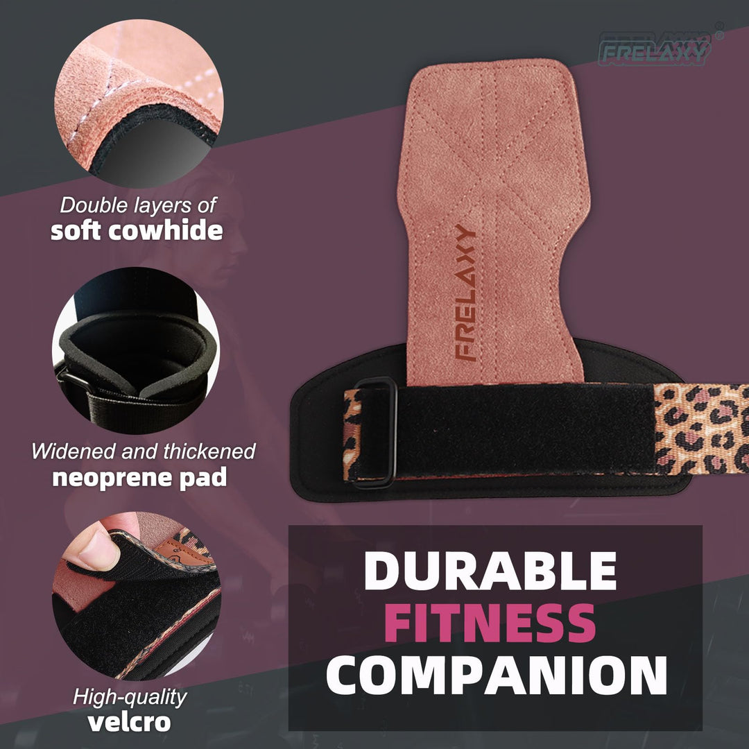 Frelaxy lifting Grips Women and Men, Weight lifting Wrist Straps with Cushion Wrist Loop, Double Layer Leather, and Storage Pouch, Gym Gloves for Deadlift and Powerlifting (Pink/Leopard)