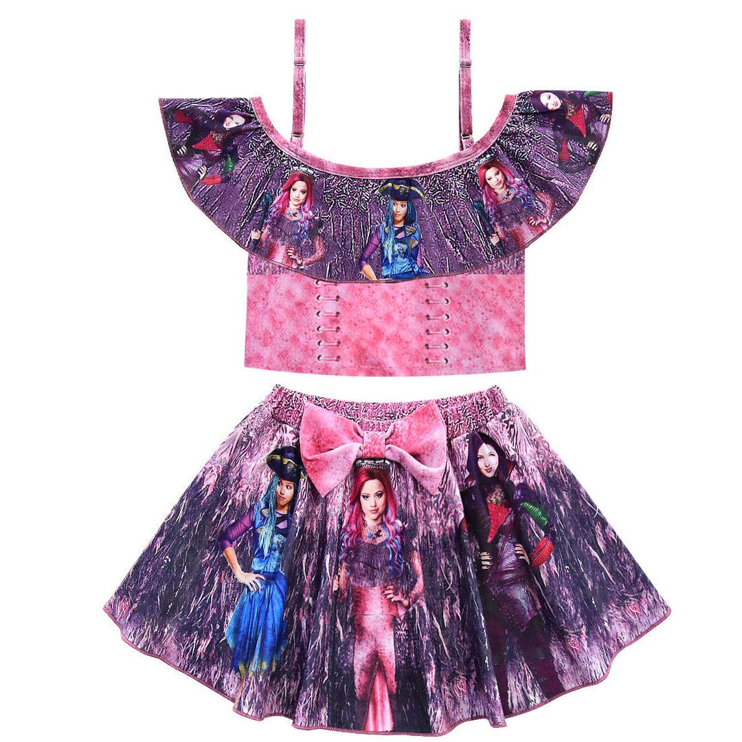N-A Descendants Bathing Suit Bikini Sets for Girls Princess 2 Pieces Ruffle Swimsuits Cartoon Printed Swimwear (Pink, 3-4T)