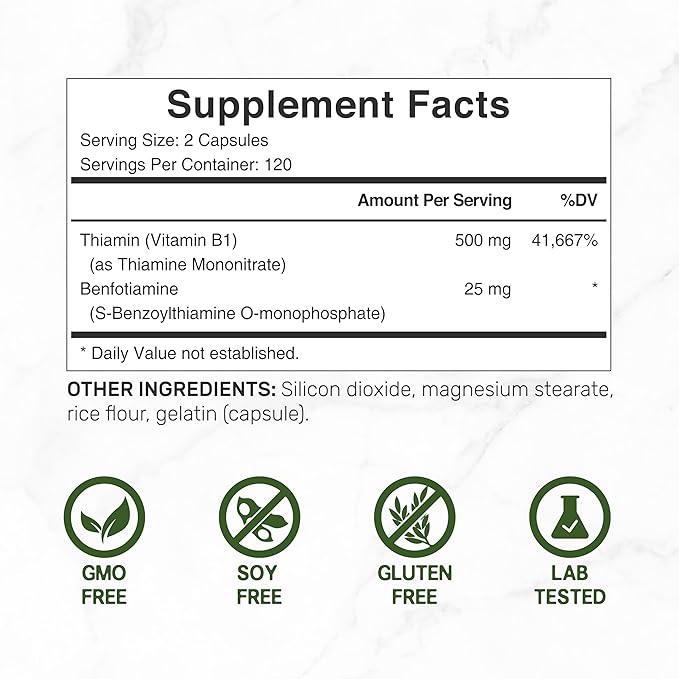 Deal Supplement Vitamin B1 500mg with Benfotiamine, 240 Capsules – 2 in 1 Enhanced Formula – Fat & Water Soluble Thiamine B1 Supplement – Third Party Tested, Non-GMO, No Gluten