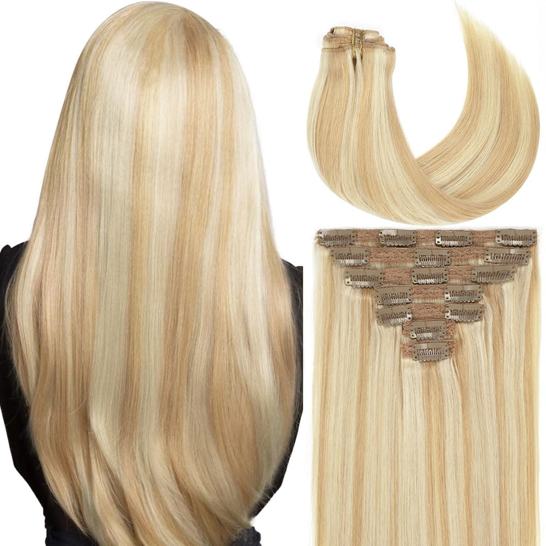 Caliee Human Hair Clip In Hair Extensions P12-60A Light Golden Brown And Highlight Platinum Blonde Clip In Hair Extensions Real