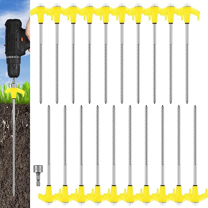 Hicarer 20 Pcs 8'' Screw in Tent Stakes Heavy Duty Ground Anchors Screw in Tent Pegs Ground Stakes Tent Spikes Metal Tent Spikes with Hex Head Driver for Camping Garden Canopies (Yellow)