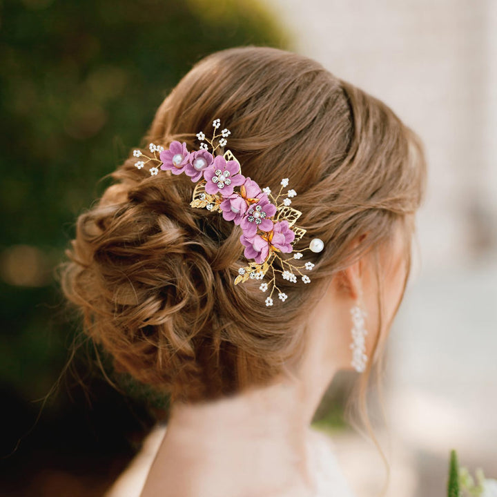 Wedding Hair Combs, Crystal Flwoer Hair Clips Bride Bridesmaid Hair Sides Comb Rhinestone Barrettes, Pearl Flower Hair Pins Hair Accessories for Women Girls (Purple)