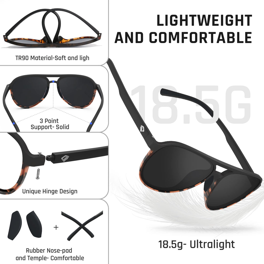 TOREGE Polarized Sunglasses For Men Women Aviator Sunglasses, Lightweight Sports Sun Glasses UV400 Protection For Driving Cycling Fishing Boating Beach Golf TR75 (Black Amber&Black&Gray Lens C3)