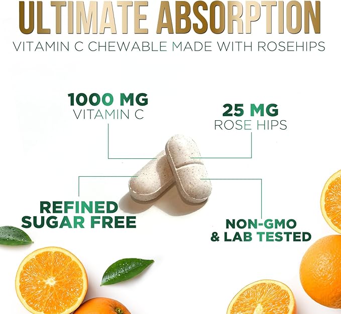 Chewable Vitamin C 1000mg - Extra Strength Antioxidants for Powerful Immune Support w/Vitamin C & Rose HIPS - Potent Dietary VIT C Chews Supplement, Natural, Vegan - Tasty Orange Flavor - 120 Tablets