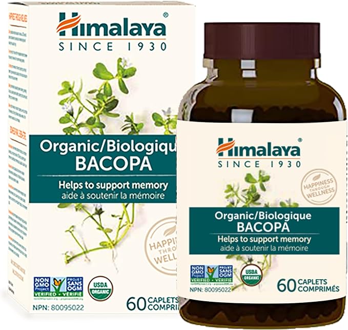 Himalaya Organic Bacopa Monnieri Nootropic Herbal Supplement, Supports Calm, Memory, Cognition, USDA Certified Organic, Non-GMO, 750 mg, 60 Plant-Based Caplets, 60 Day Supply