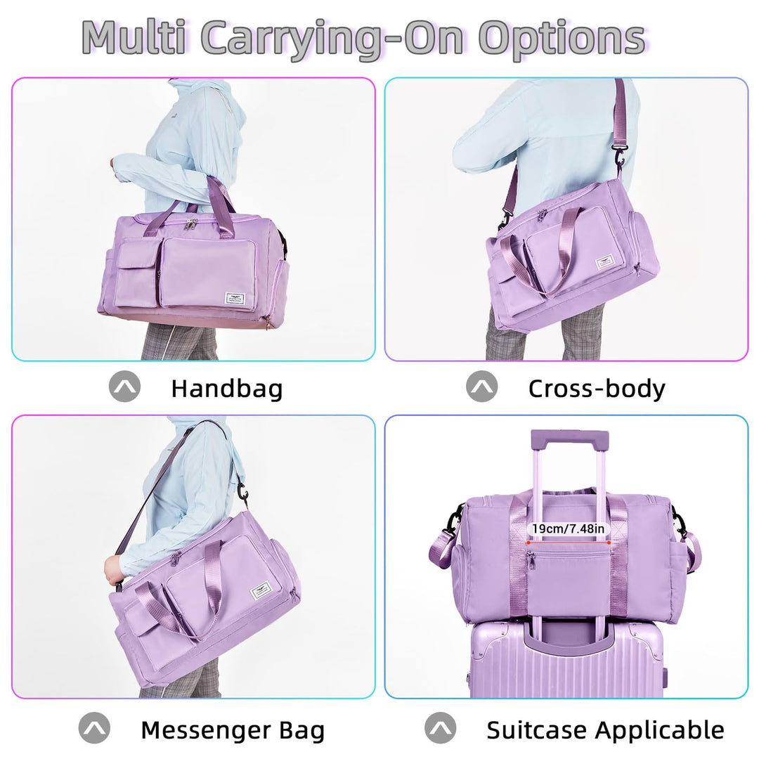 FIORETTO Women's Water-Resistant Gym Duffle Bag with Shoes Compartment, 37L Capacity, Multi-Functional, Ideal for Travel, Gym, Sports, Weekender, with Toiletry Bag, Pulple