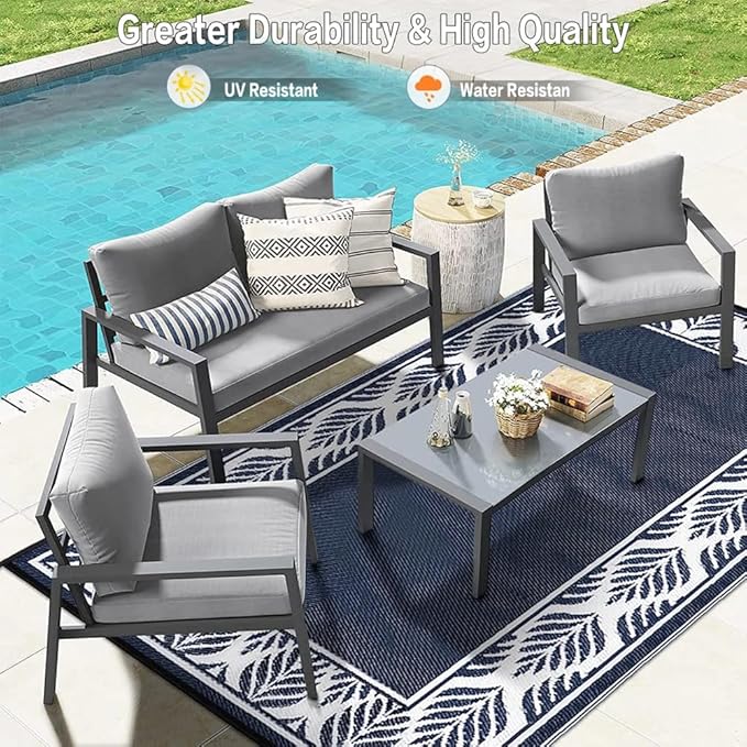 Outdoor Plastic Straw Rug, Waterproof Mat, Washable Large Floor Mat and Rug for Outdoors, RV, Beach, Patio, Camping, Backyard, Deck, Picnic, Outside (5x8ft,Olive-Leaf/Dark Blue&White)