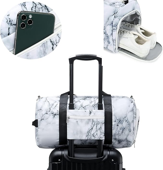 Sport Gym Duffle Travel Bag for Men Women Duffel with Shoe Compartment, Wet Pocket (Marble-White) 19.7"x9.5"x9.9"
