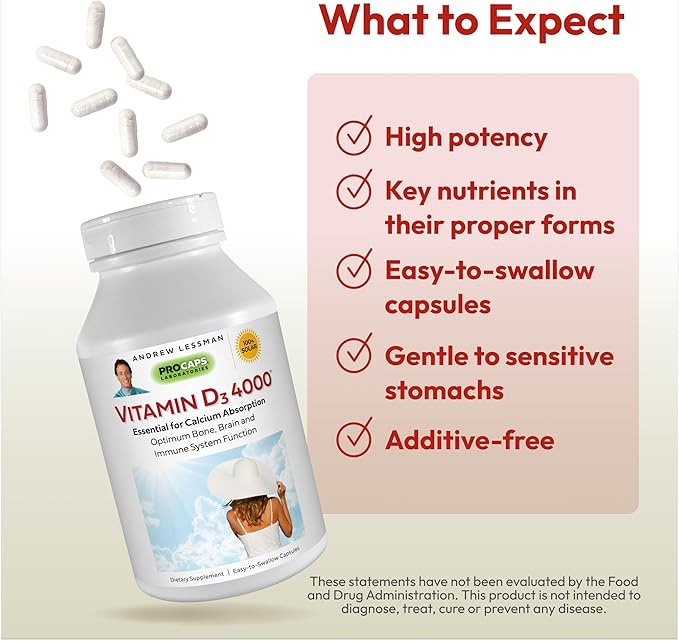 ANDREW LESSMAN Vitamin D3 4000 IU 180 Capsules - High Potency, Essential for Calcium Absorption, Supports Bone Health, Healthy Muscle Function, Immune System, More. Small Easy to Swallow Capsules
