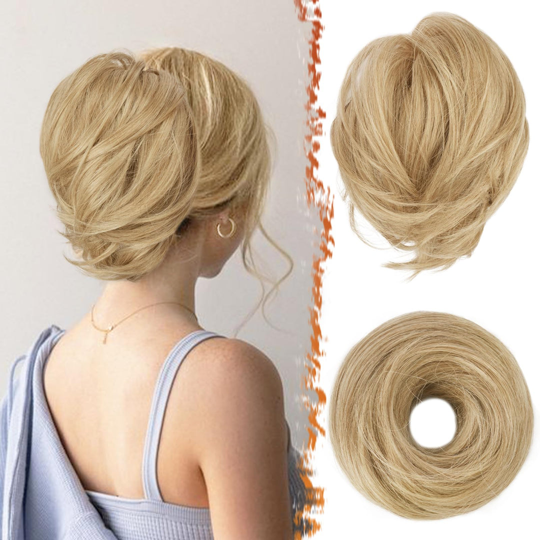 BARSDAR Straight Hair Bun Extensions - Synthetic Fully Short Ponytail Hair Bun Extensions for Women, Elastic Messy Hair Bun Scrunchies Hairpieces Daily Party - Medium Blonde Mixed