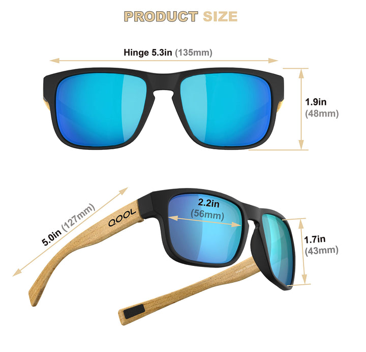 QOOL TIMES F11 Casual sport Wooden Bamboo Blue Sunglasses Temples for Men Women, Running Driving Golfing Cycling Hiking Fishing baseballand Outdoors