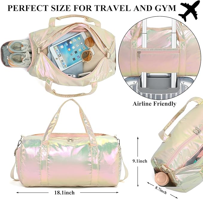 Gym Sports Duffle With Wet Pocket, Dance and Overnight Bag With Waterproof Shoe Pouch and Air Hole for Girls, Kids, Women - Travel Foldable