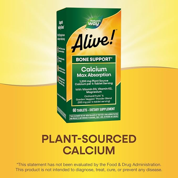 Nature's Way Alive! Calcium Max Absorption, Plant Source Calcium, Vitamin D3 & K2, Magnesium, Bone Support*, 60 Tablets (Packaging May Vary)